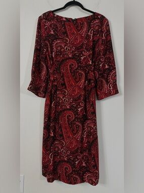 NWT Talbots Red Paisley Sheath Dress Tie Waist Special Occasion Size 14